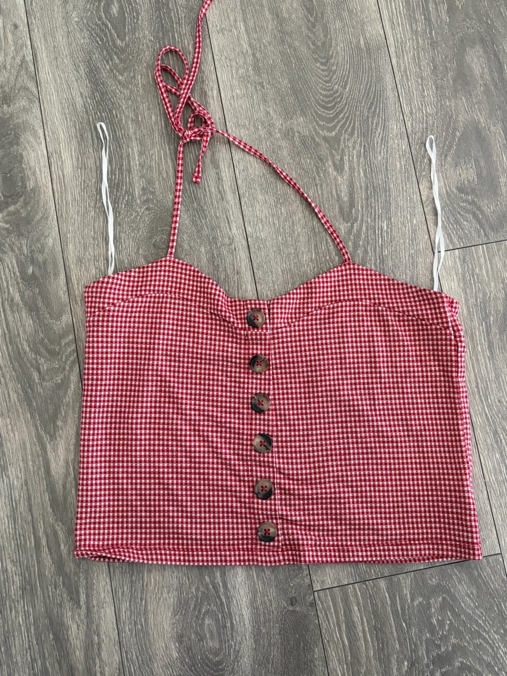 American Eagle Outfitters Red Gingham Button-Front Halter Crop Top